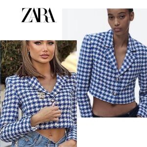 Zara blue white cropped Bolero tweed houndstooth blazer jacket M NWOT bloggers